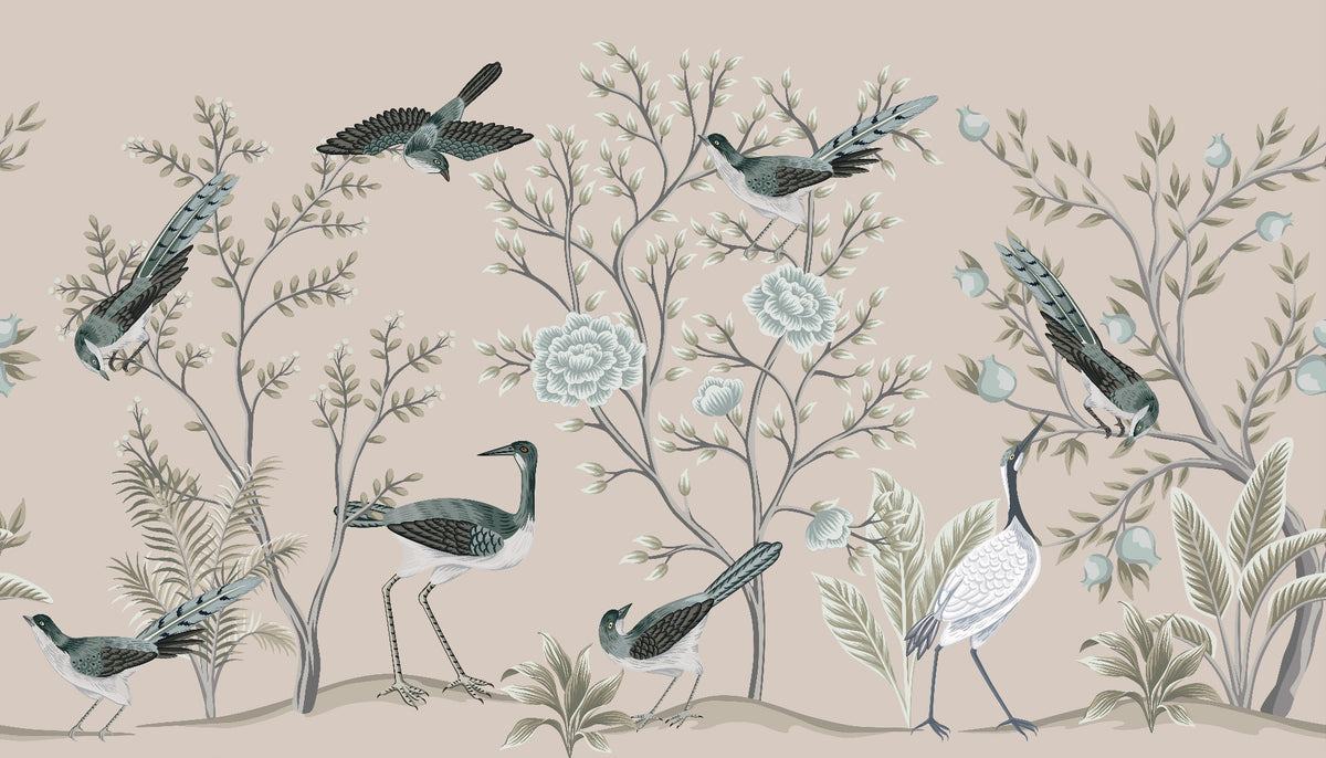 Cream Color Crane Birds on the Vintage Tree Wallpaper Mural in your room
