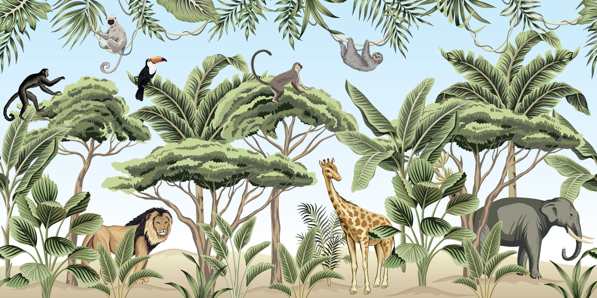 Jungle Adventure Animals Wallpaper Mural in your room — zoomed