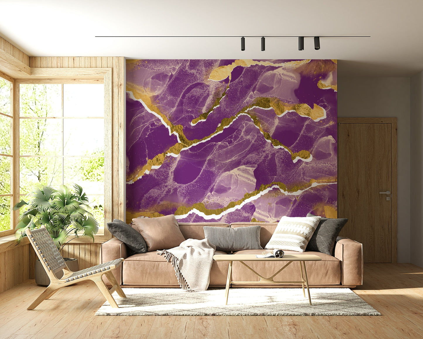 Modern Luxe Abstract Wall Mural with a deep violet and golden vein Marble Wallpaper design.