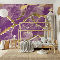 Close-up of the Golden Veins Cosmic Violet Marble Wallpaper, showcasing its modern, luxe abstract pattern.