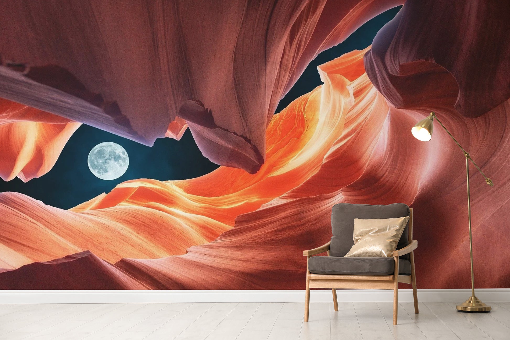 Vivid color antelope slot canyon wallpaper mural with flowing orange sandstone.