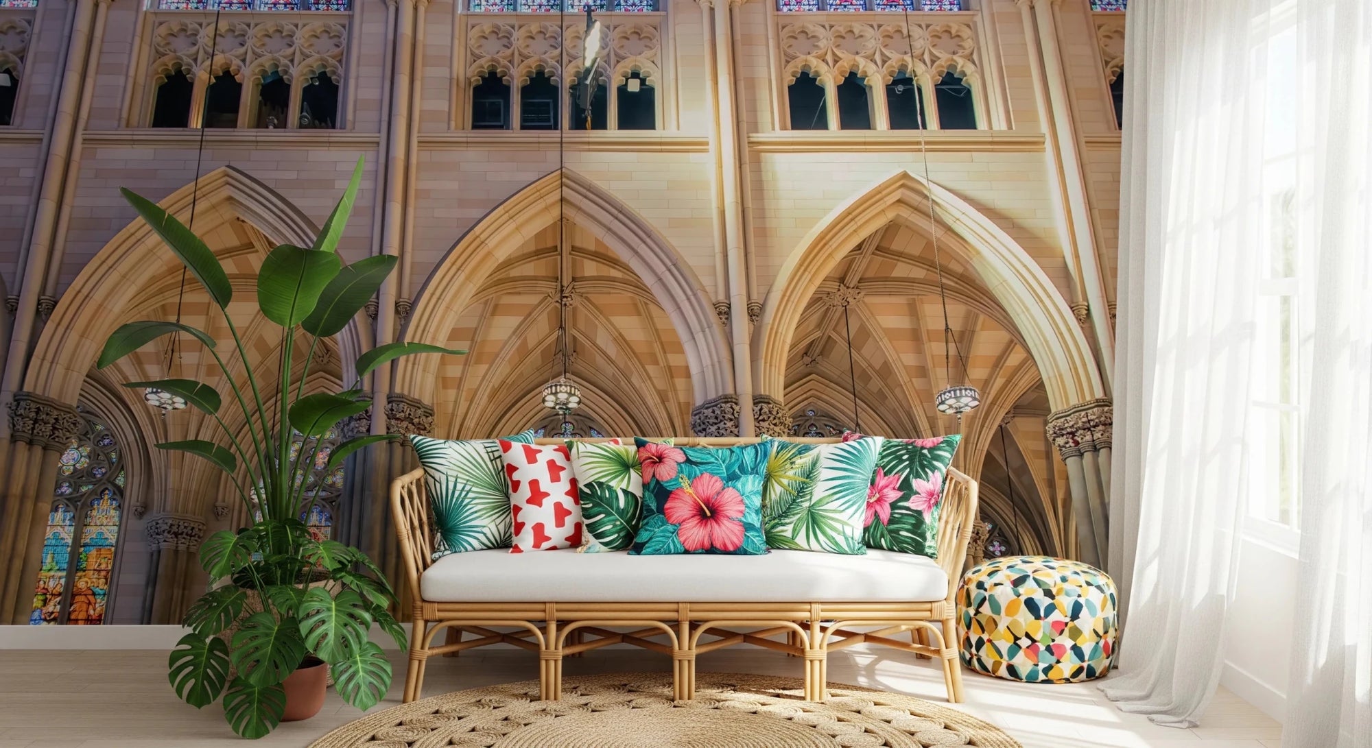 Vivid Stained Glass wallpaper mural of Gothic cathedral arches behind a rattan sofa with tropical floral cushions in a bright living room
