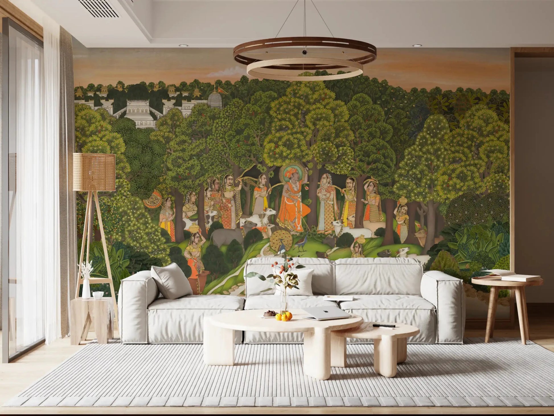 Cultural Krishna forest gathering wall mural used in office space