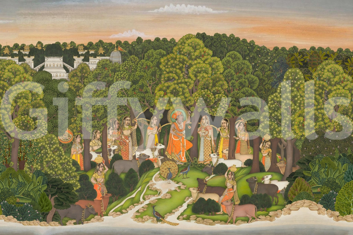 Vrindavan forest landscape Krishna theme wall mural pattern