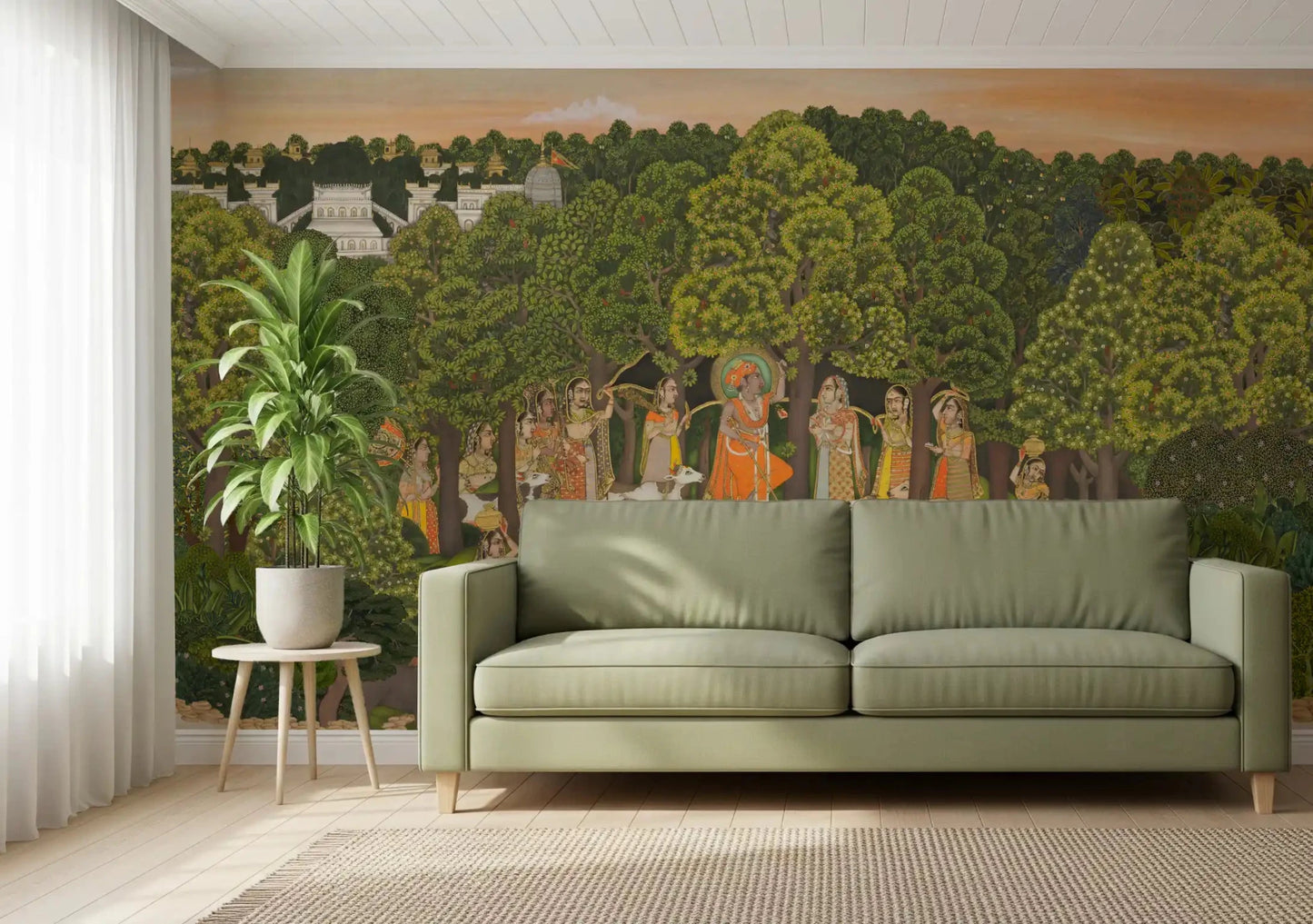 Traditional Vrindavan forest artwork wall mural placed in hallway