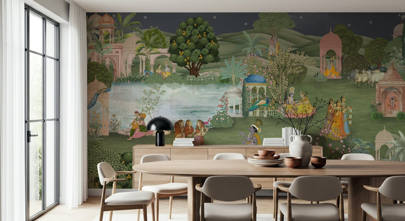 Vrindavan Vihar wall mural with peaceful temple courtyard scene