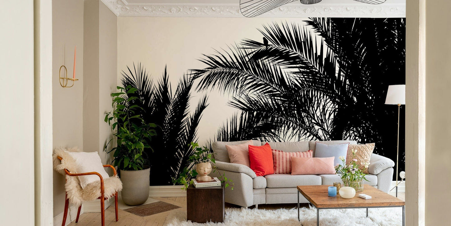 A living room featuring the waiting wall mural.

