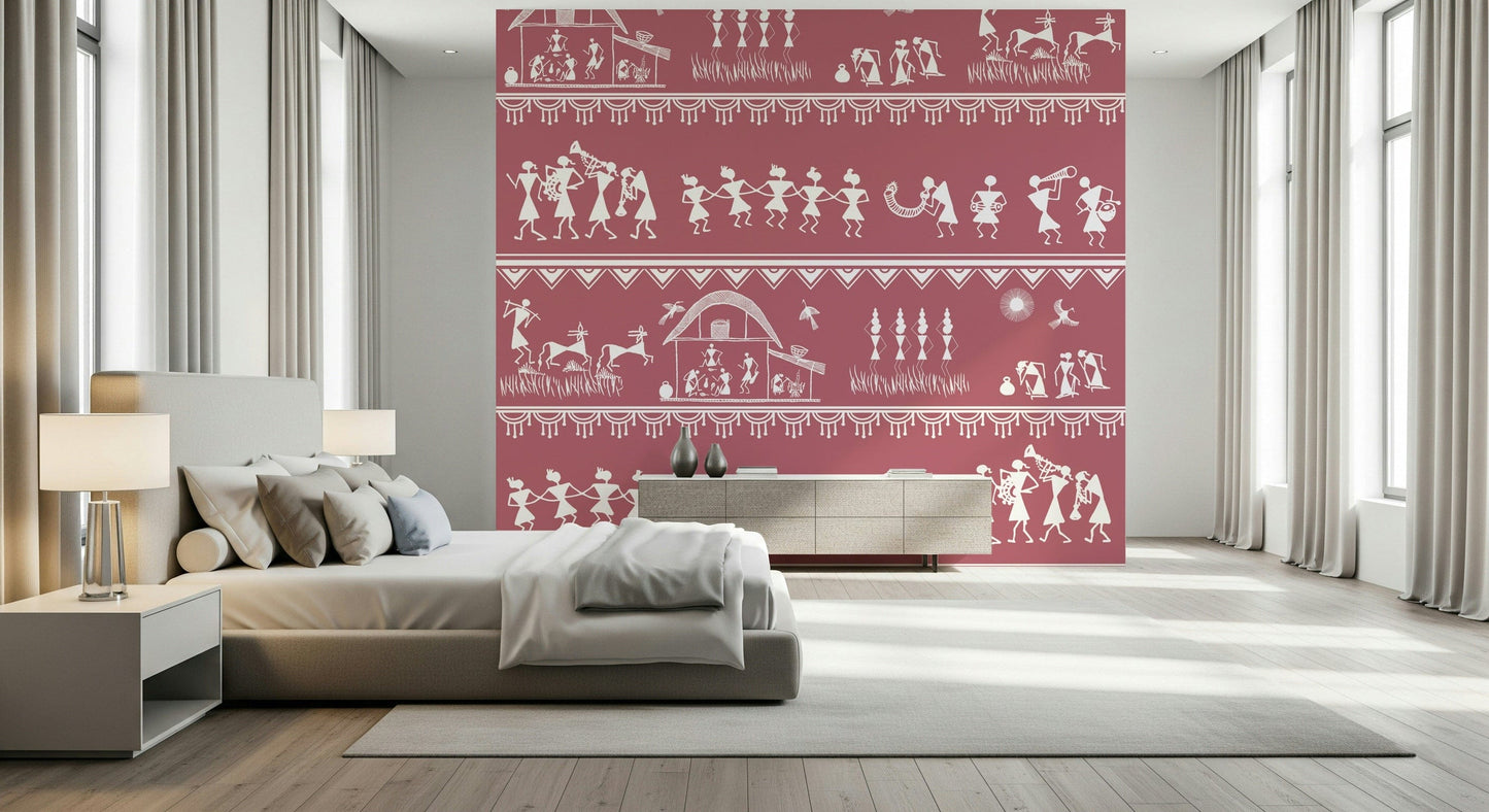 Minimal Warli style wall mural with tribal storytelling patterns