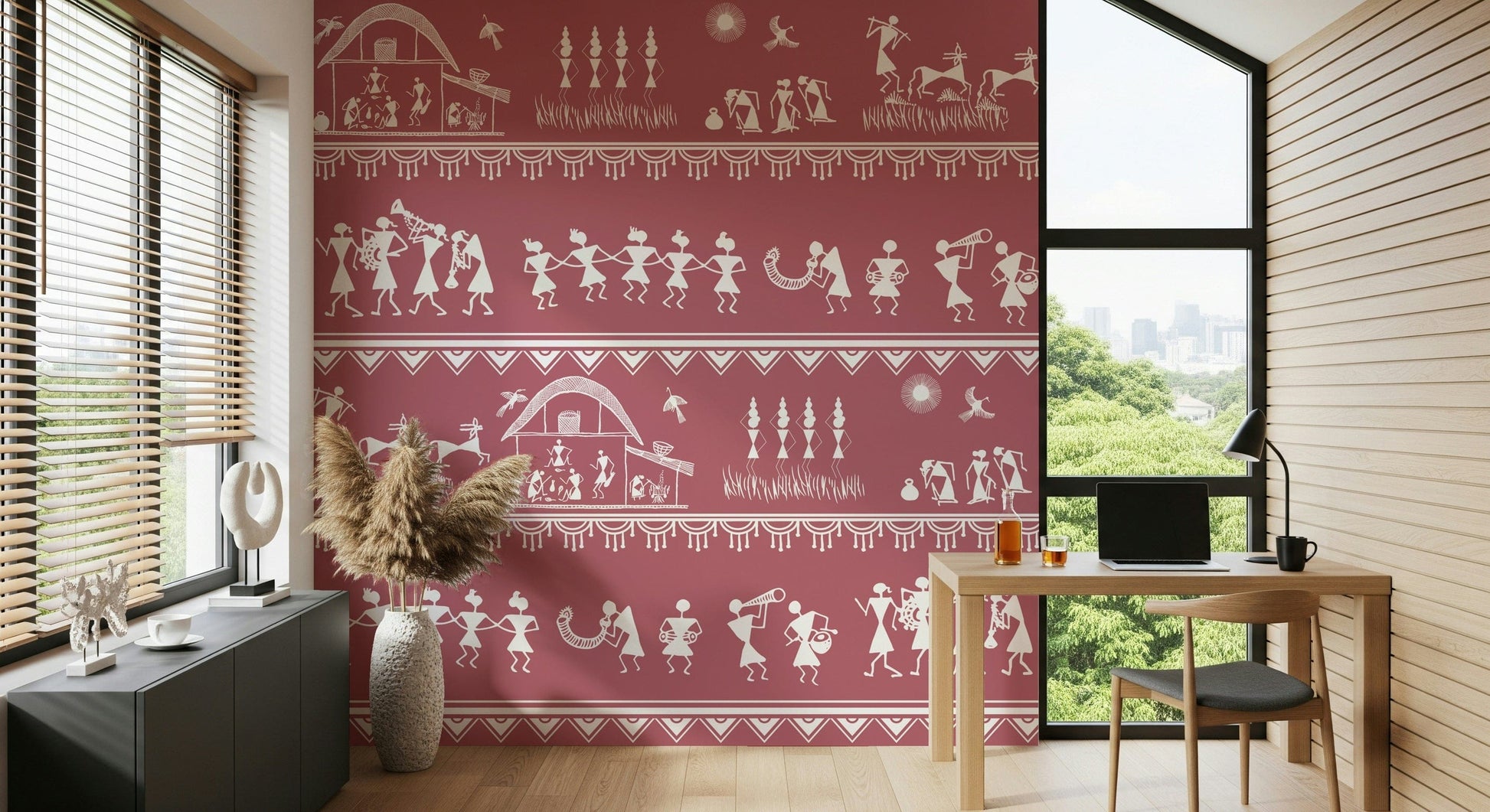 Warli art wall mural depicting harvest, music, and community scenes