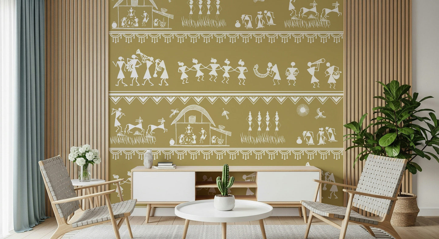 Traditional tribal wall art featuring dancers, musicians, farmers, and animals in a horizontal layout