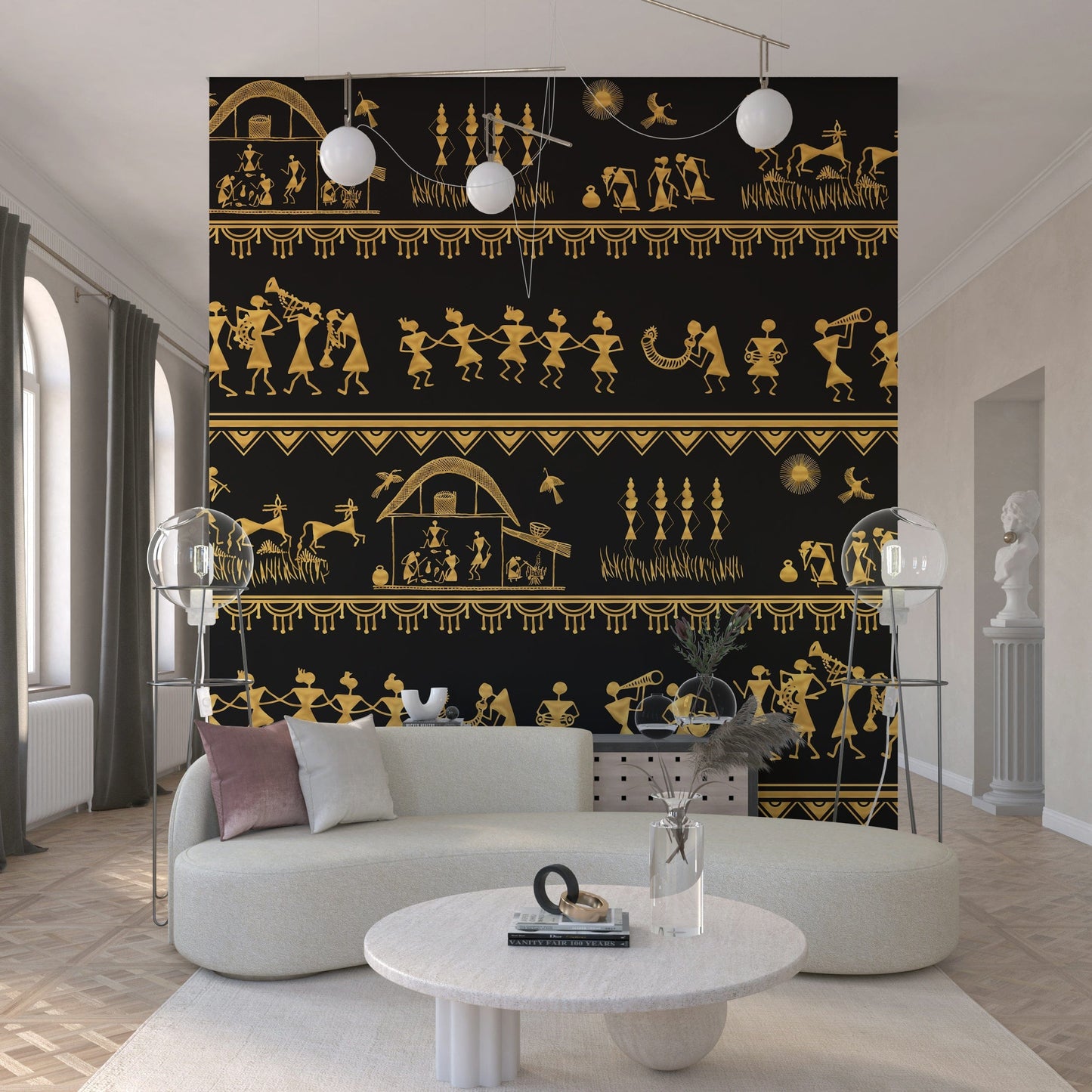 Warli-inspired mural artwork in monochrome gold detailing village stories