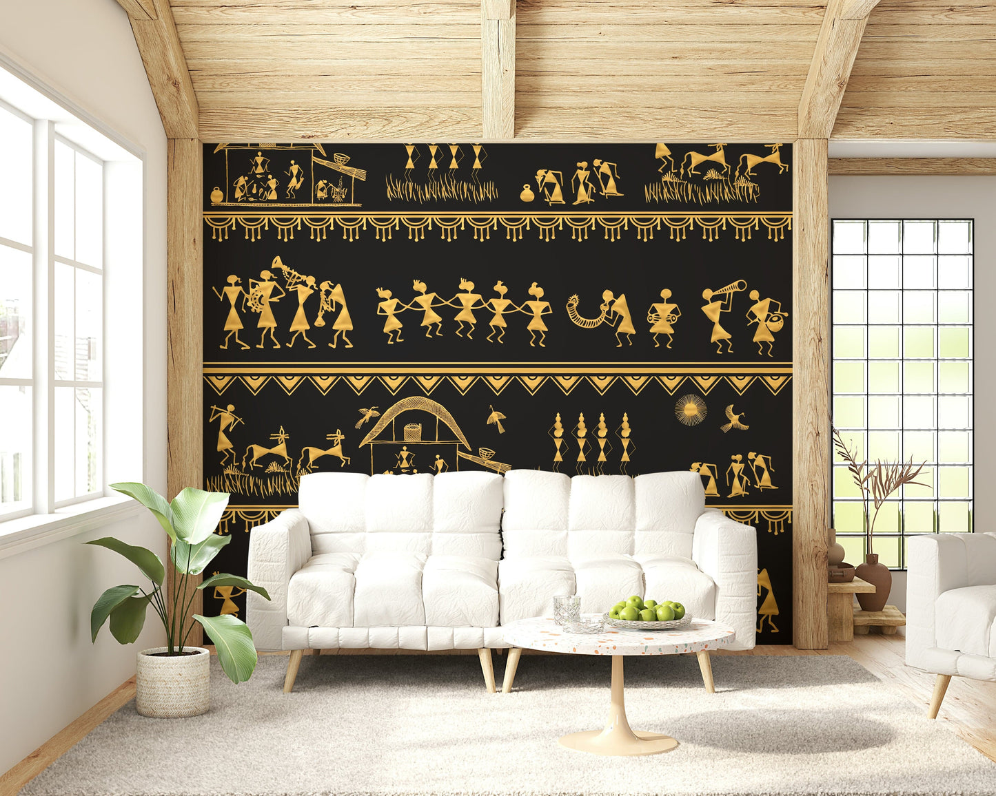 Cultural Warli wall mural with handcrafted tribal illustrations