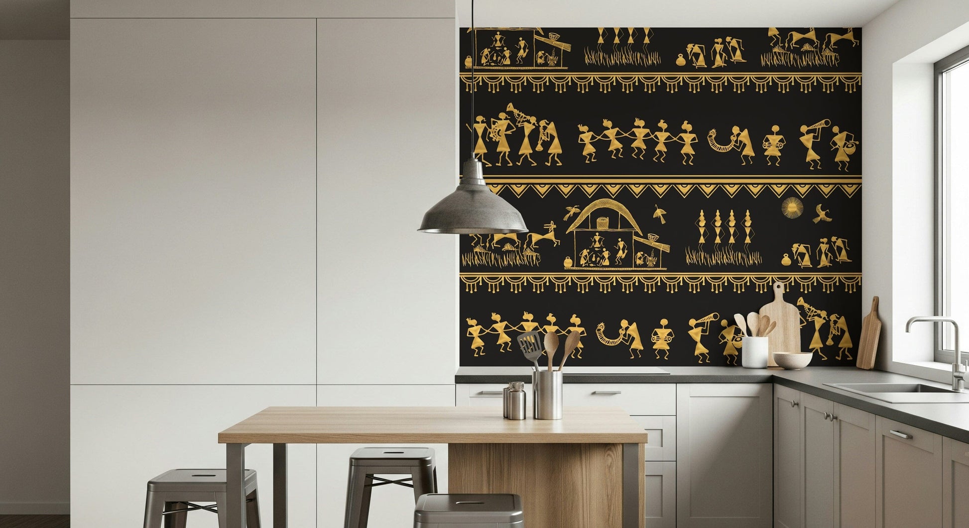 Tribal Warli mural design showing agriculture, music, and social unity