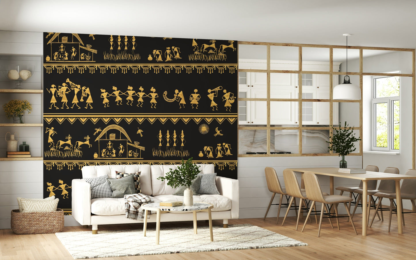 Folk art wall mural inspired by Warli traditions and daily life
