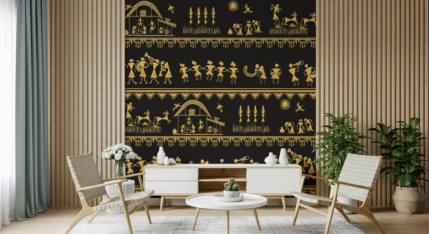 Minimalist Warli wall art illustrating harmony between people and nature