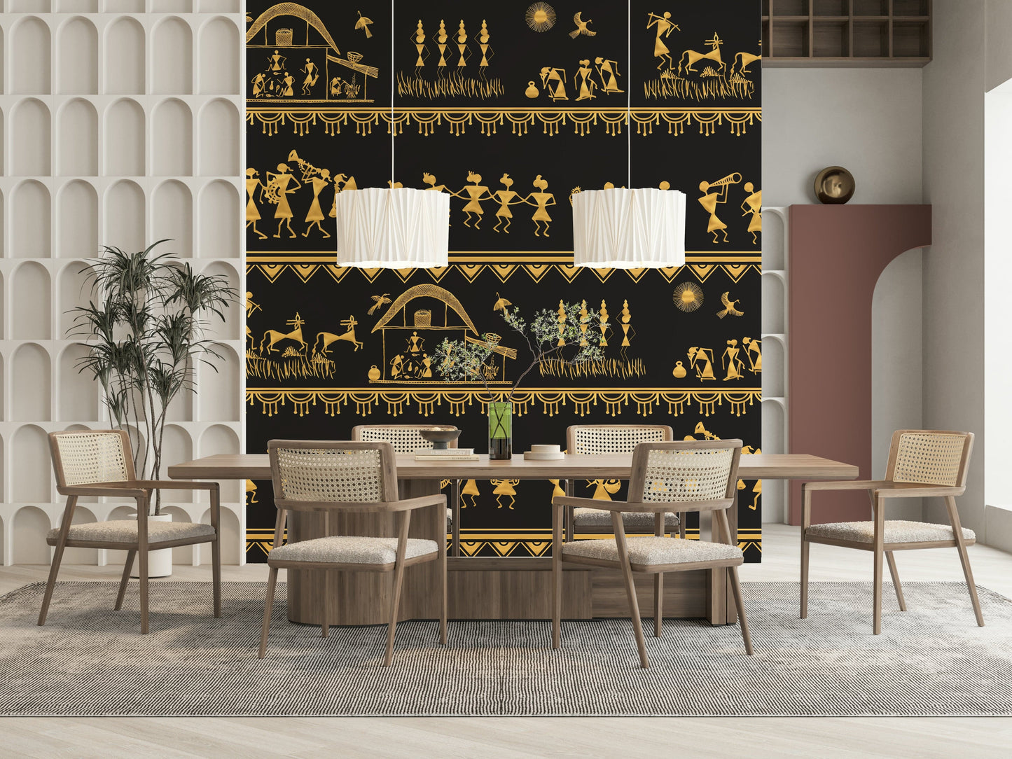 Warli wisdom mural with symbolic village scenes and cultural motifs