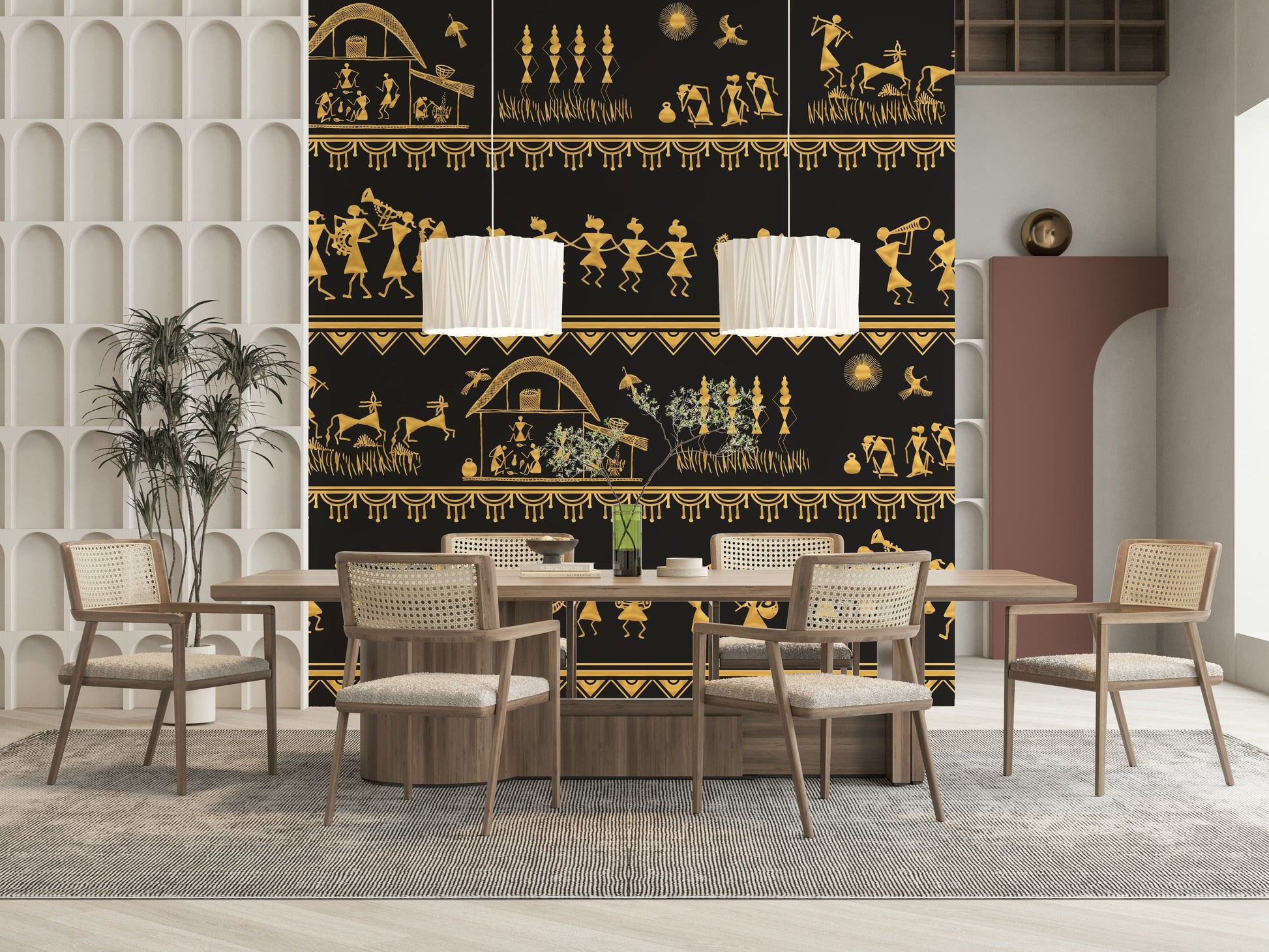 Warli wisdom mural with symbolic village scenes and cultural motifs