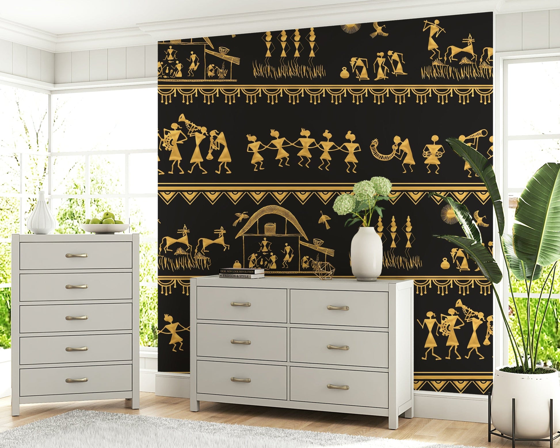 Decorative Warli mural artwork featuring tribal storytelling patterns