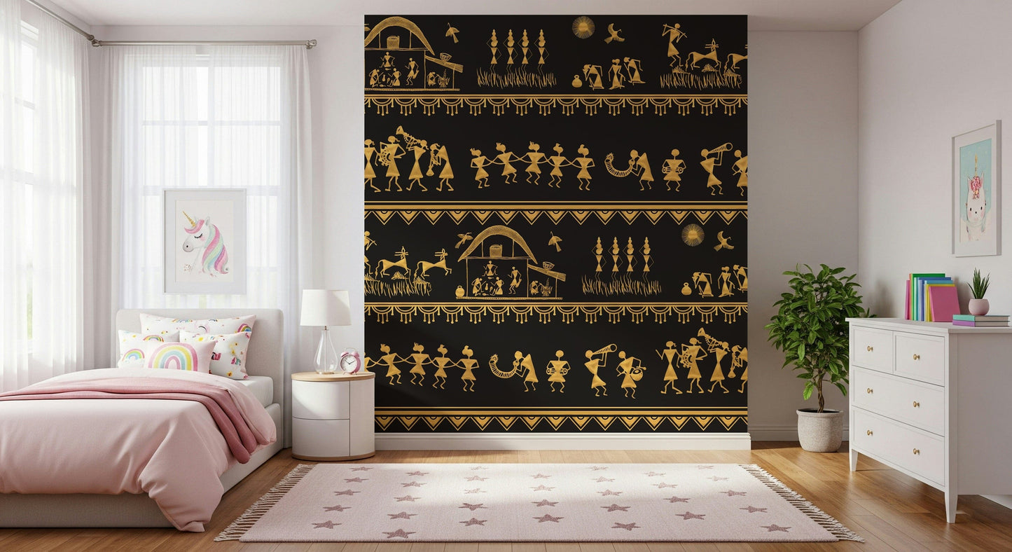 Indian Warli folk art mural with dancers, farmers, animals, and village homes