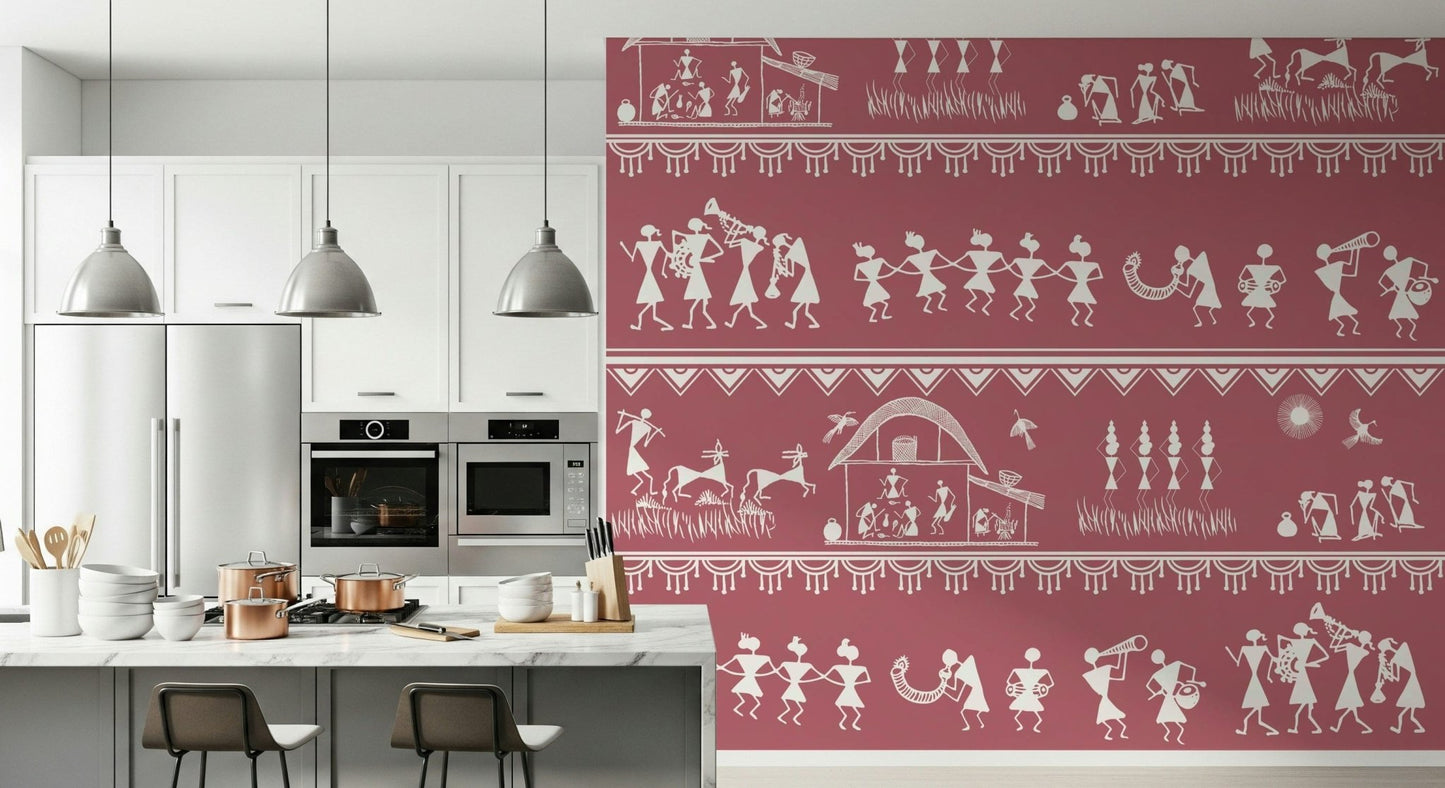 Traditional Warli Utsav mural with dancers, huts, and farming visuals