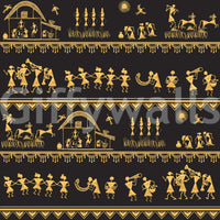 Indian tribal wall mural featuring classic Warli art figures