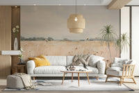 Artistic mural with August fields and soft sky

