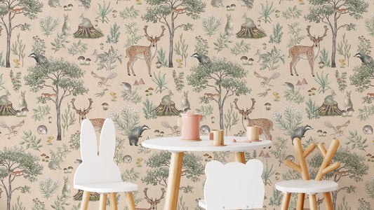 Warm Beige Wildlife wallpaper with deer and woodland animals behind a kids table with bear and bunny chairs