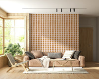 Classic gingham wallpaper in soft brown tones creating a cozy, farmhouse-inspired aesthetic.