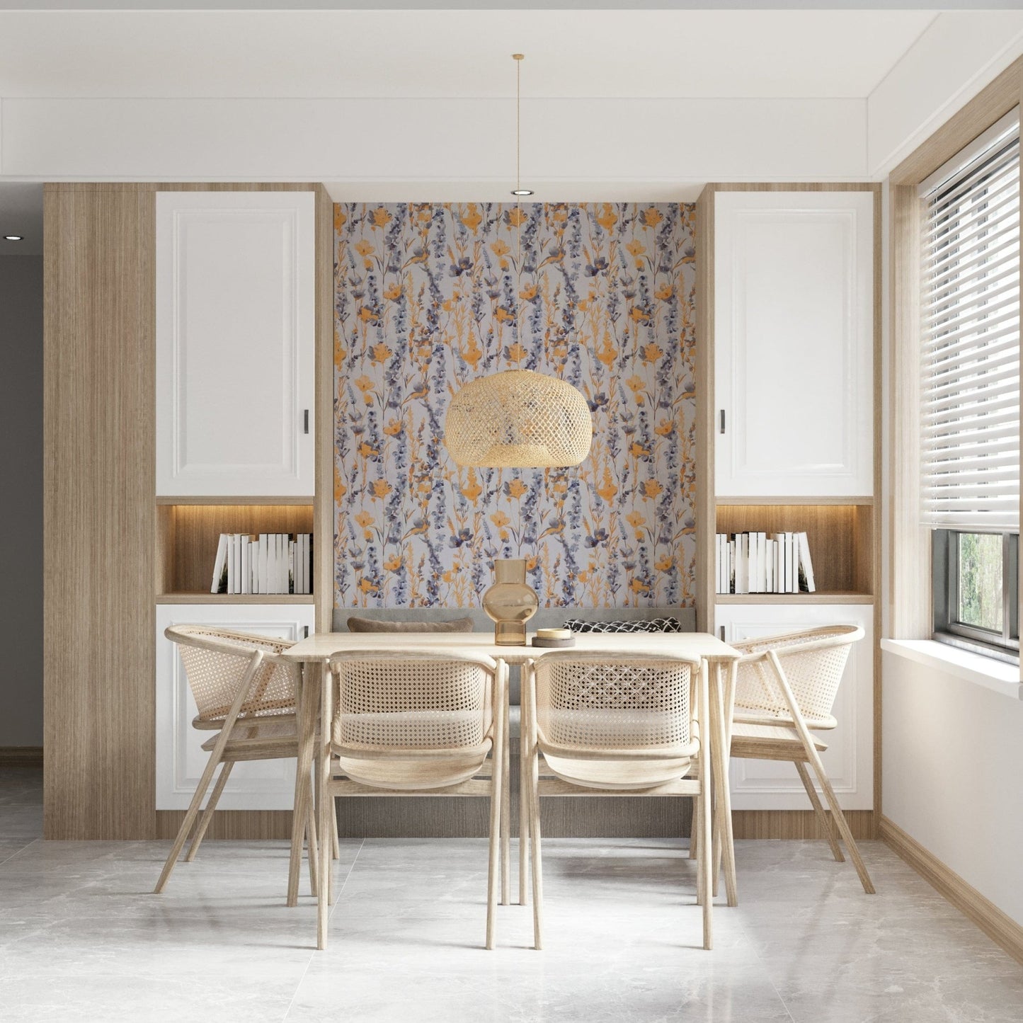 Warm Meadow Harmony wallpaper of amber and grey florals in a dining nook with cane chairs and woven pendant