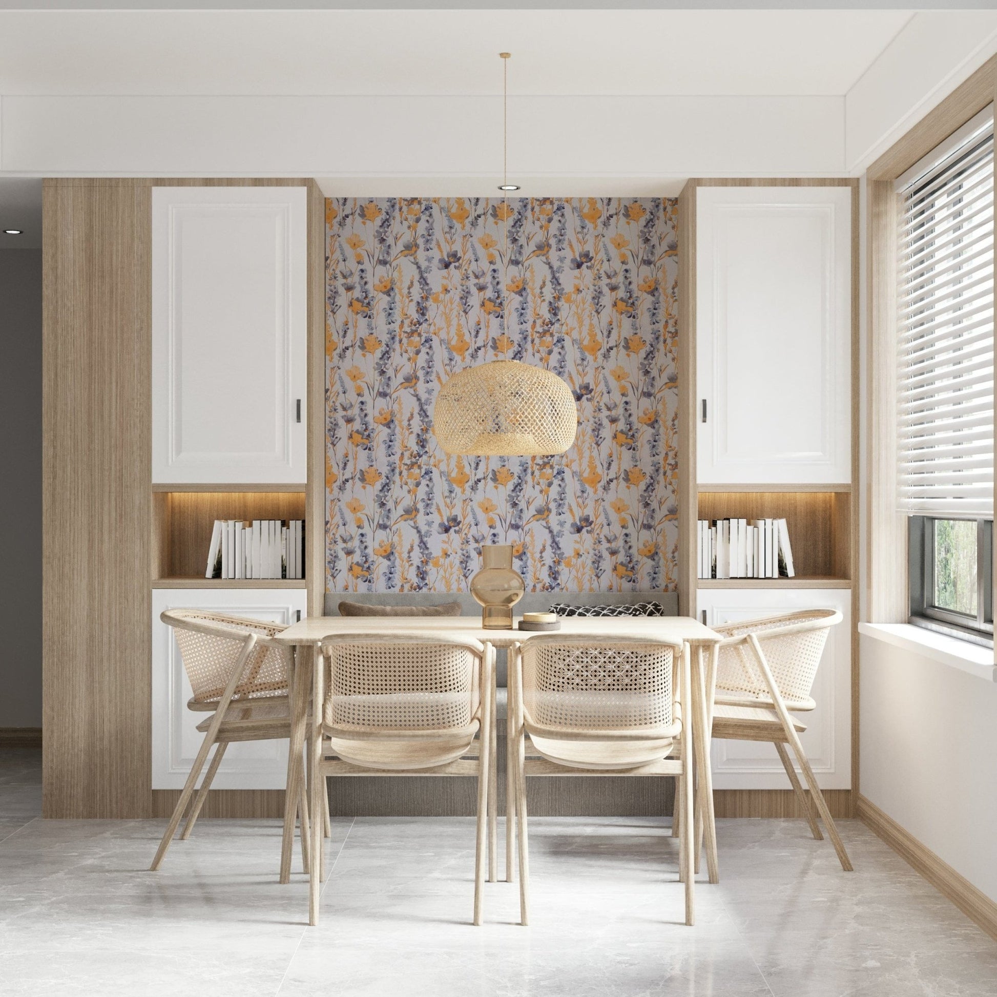 Warm Meadow Harmony wallpaper of amber and grey florals in a dining nook with cane chairs and woven pendant