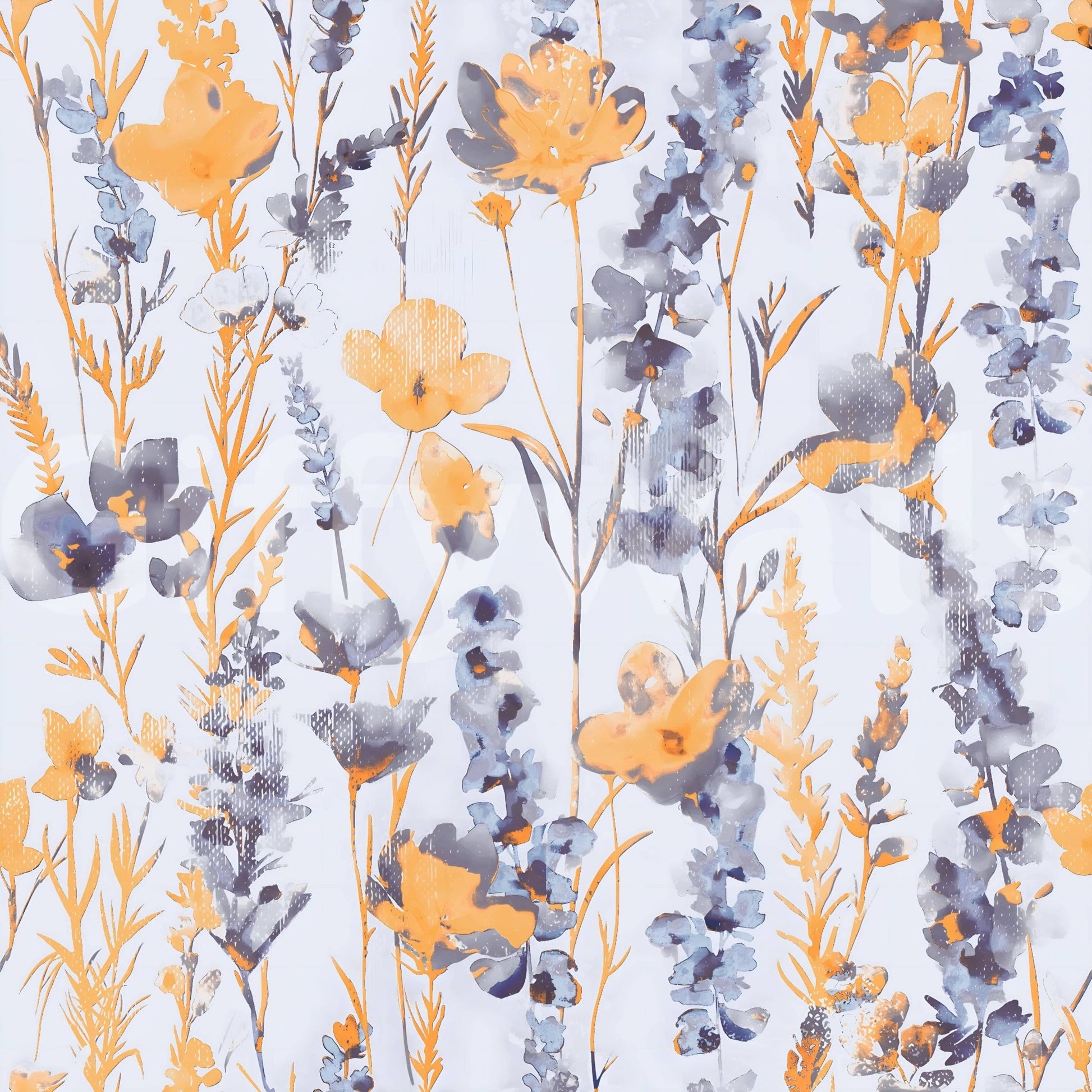 Warm Meadow Harmony wallpaper close-up showing orange poppies and blue-grey meadow flowers on a white ground