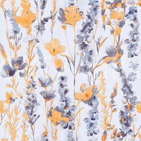 Warm Meadow Harmony wallpaper close-up showing orange poppies and blue-grey meadow flowers on a white ground