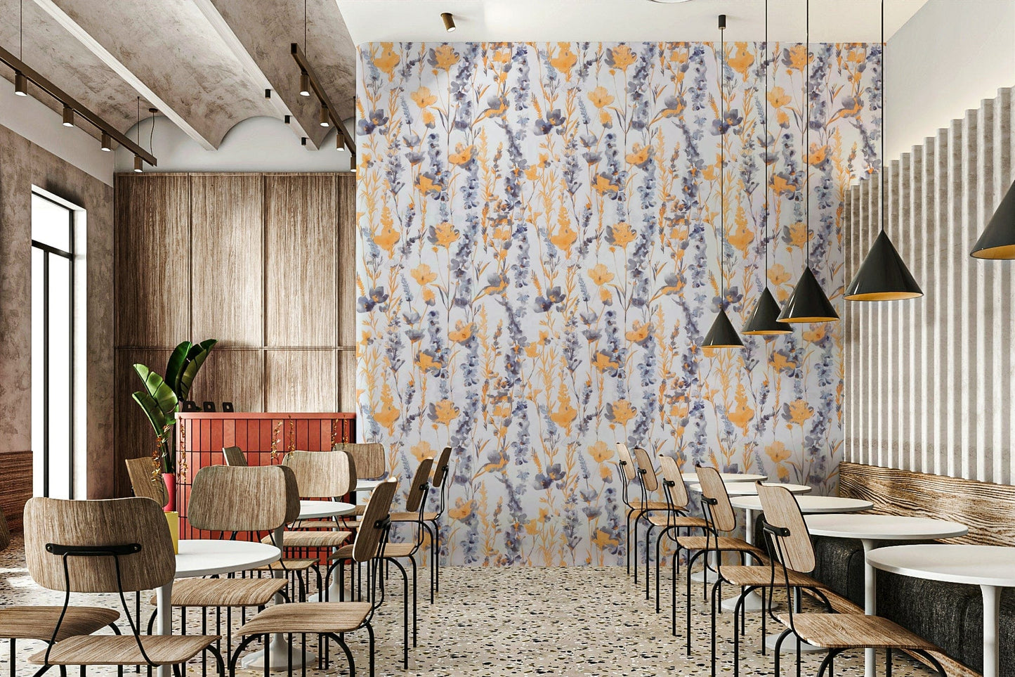 Warm Meadow Harmony wallpaper of orange and blue meadow flowers in a cafe with wood chairs and black lamps