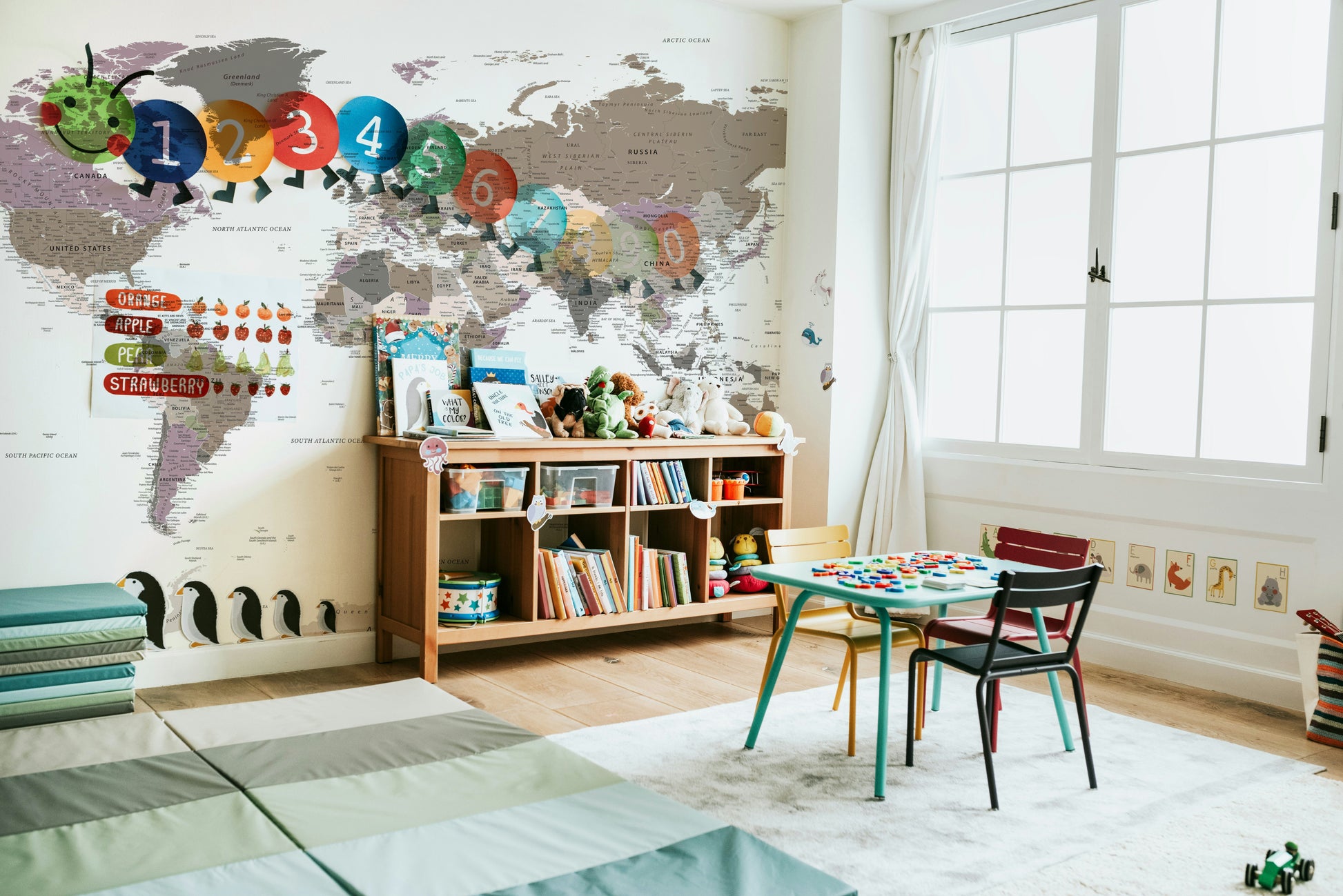 Soft-toned world map wall covering

