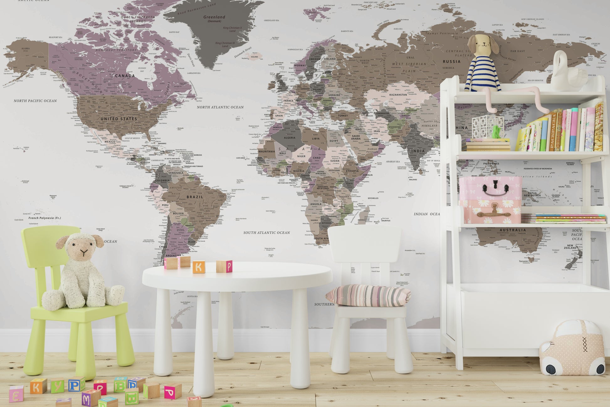 Stylish beige world map wall print

