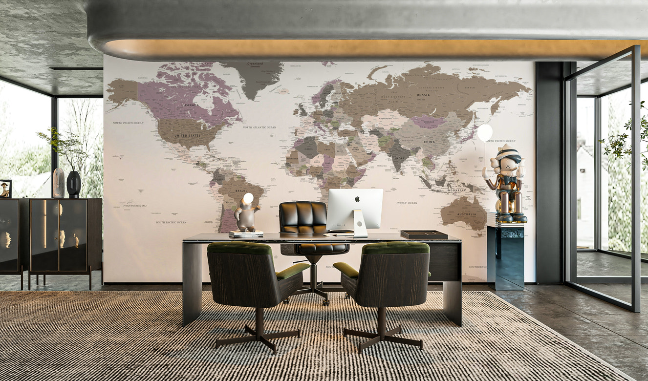 World geography mural in soft hues

