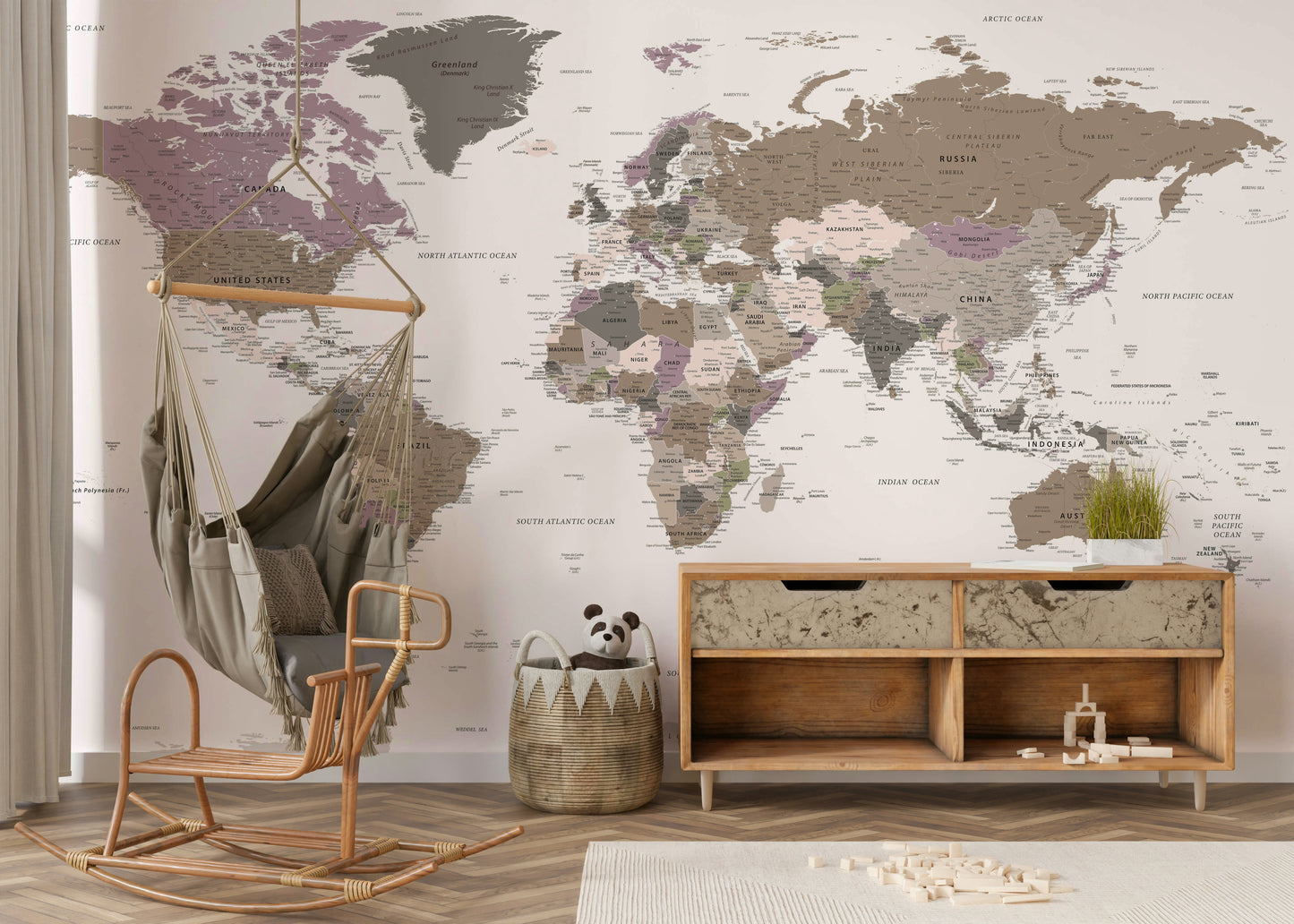 Warm earth tone world wall design

