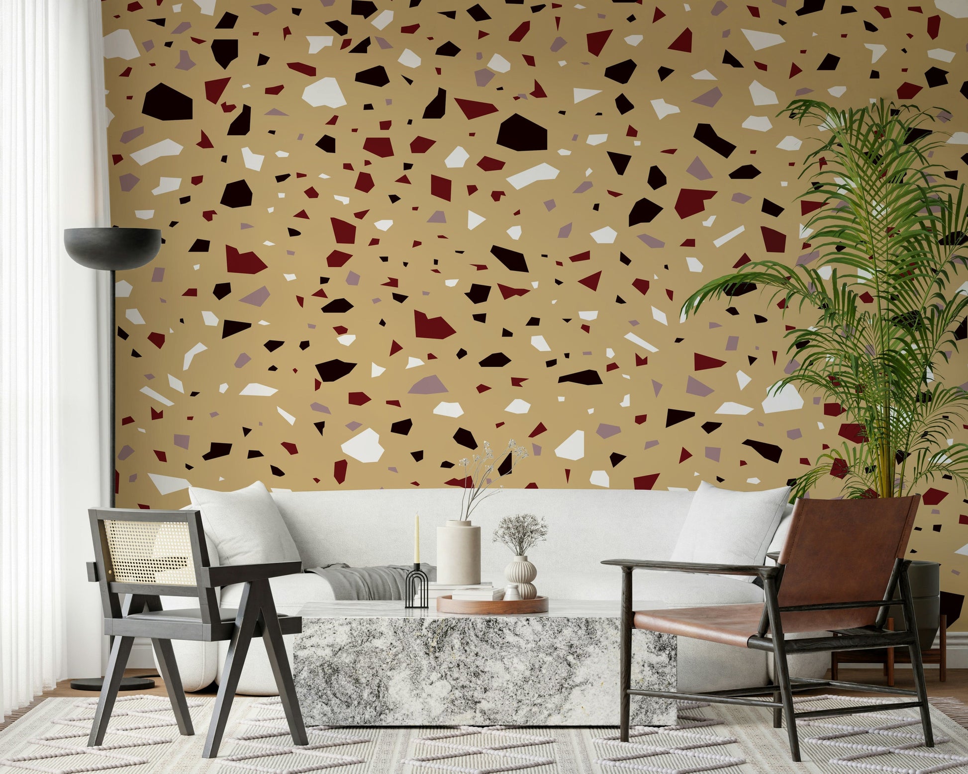 An artistic contemporary speckled mural on minimalist wallpaper.