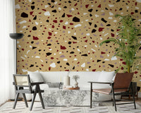 An artistic contemporary speckled mural on minimalist wallpaper.