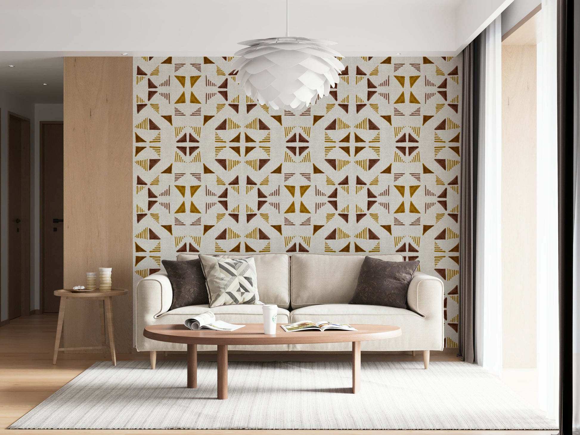 Contemporary wall mural with soft amber, rust, and tan triangles forming a stylish composition.