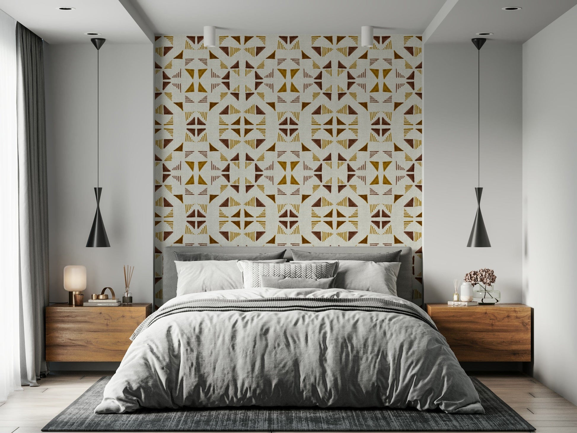Warm abstract triangle pattern wallpaper — perfect for adding texture and comfort to interiors.