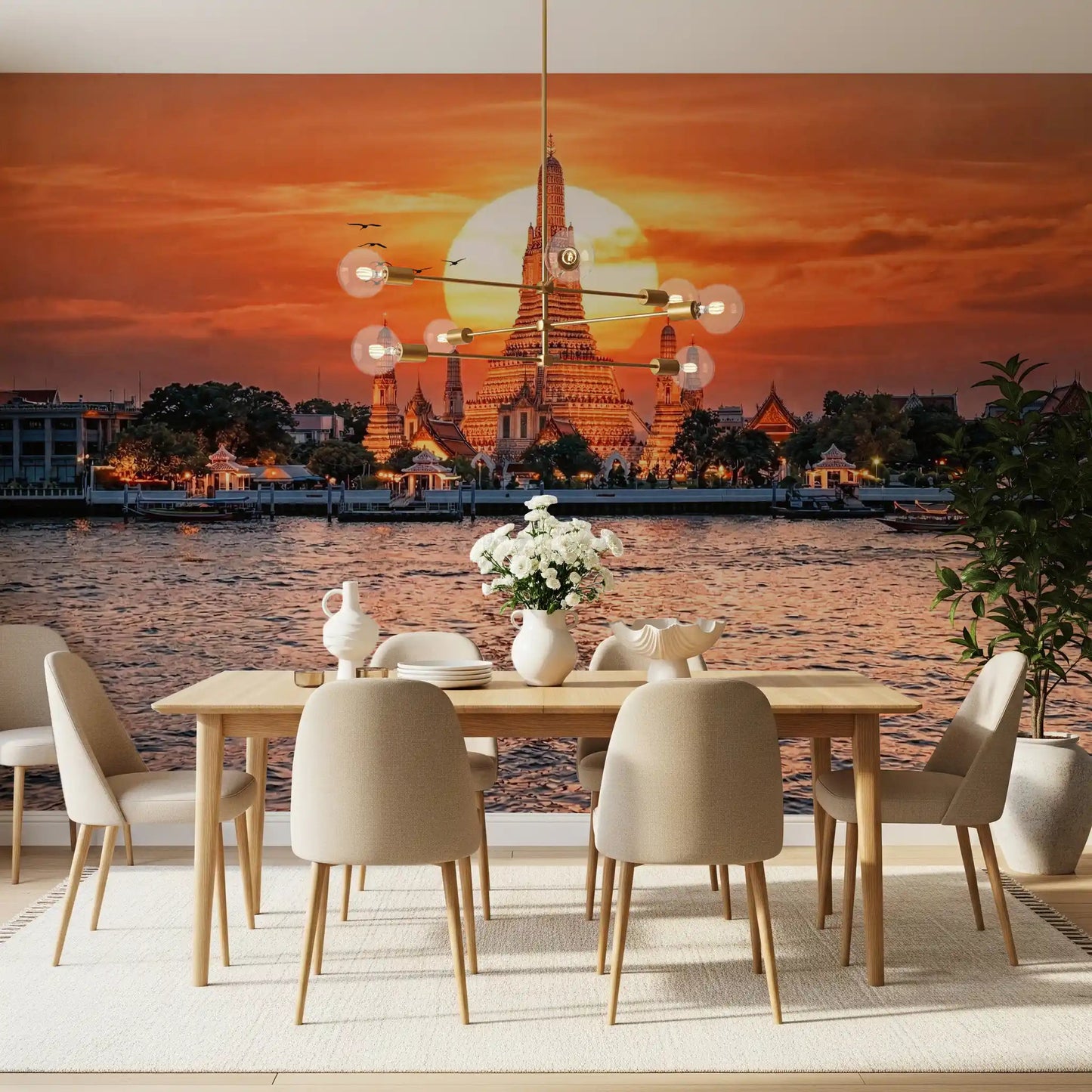 Dining room with Wat Arun wall mural and warm evening skyline