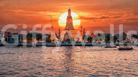 Wat Arun sunset wall mural with glowing temple and river reflections