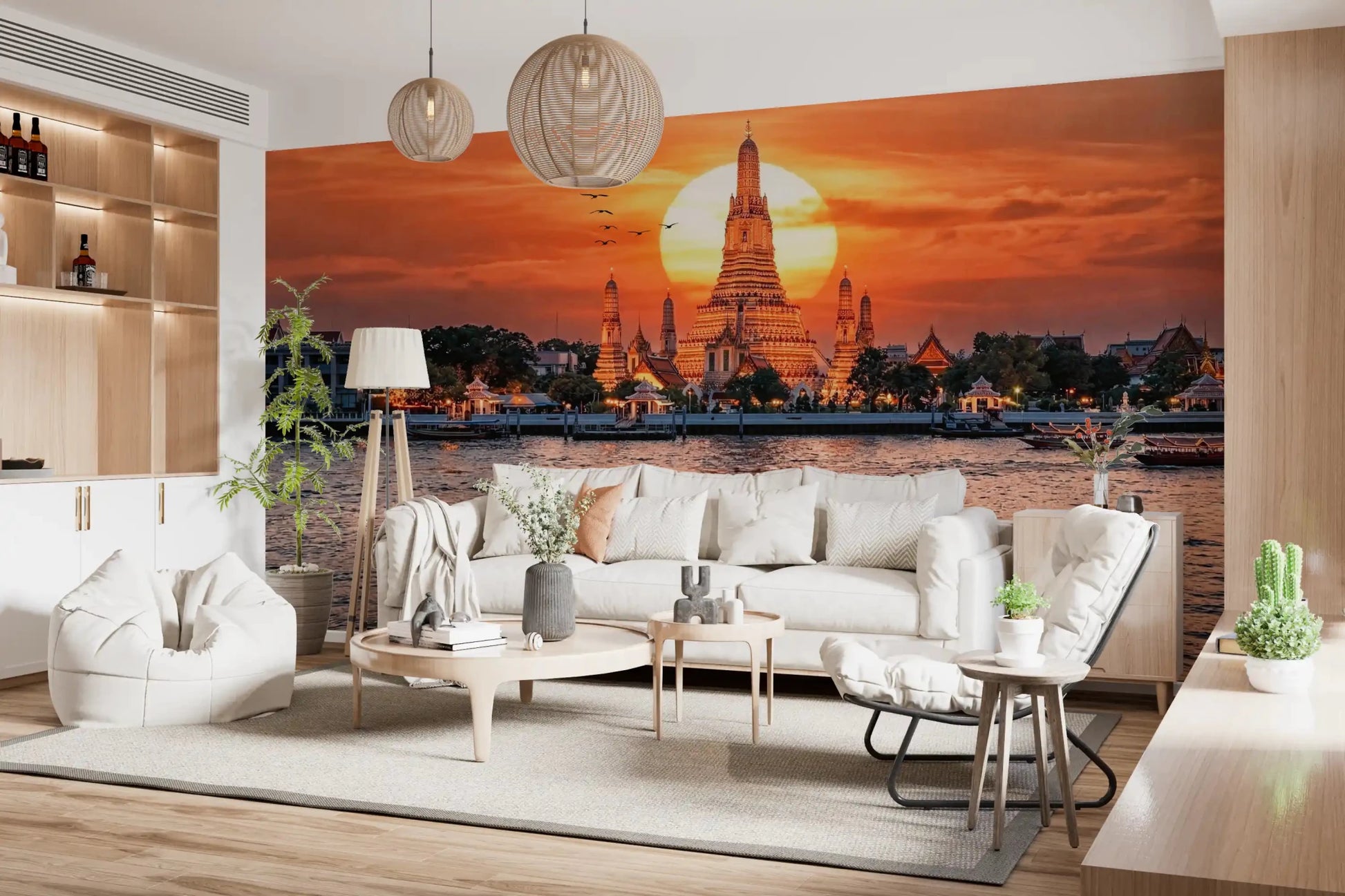 Hallway styled in golden horizon wall mural with temple detail
