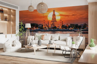 Hallway styled in golden horizon wall mural with temple detail
