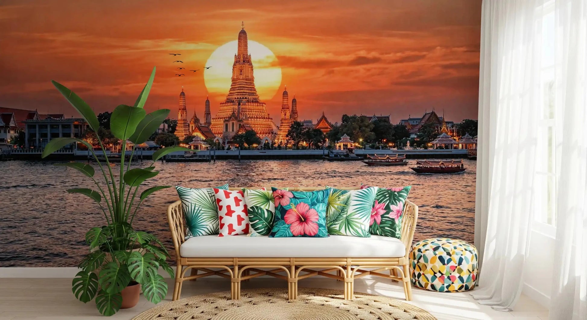 Living sofa  with Wat Arun golden wall mural and calm river