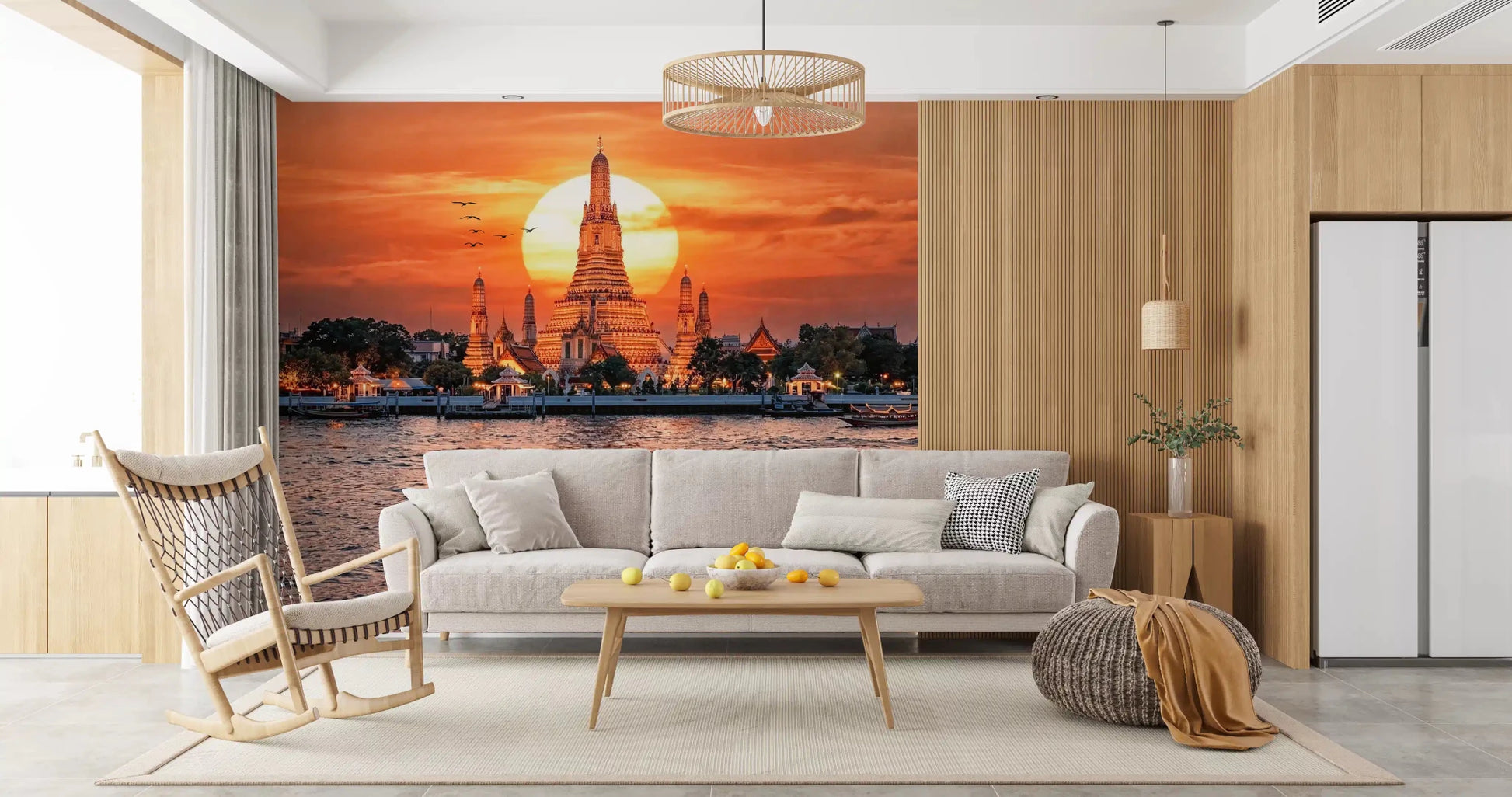 Living room featuring Wat Arun wall mural with golden horizon tones