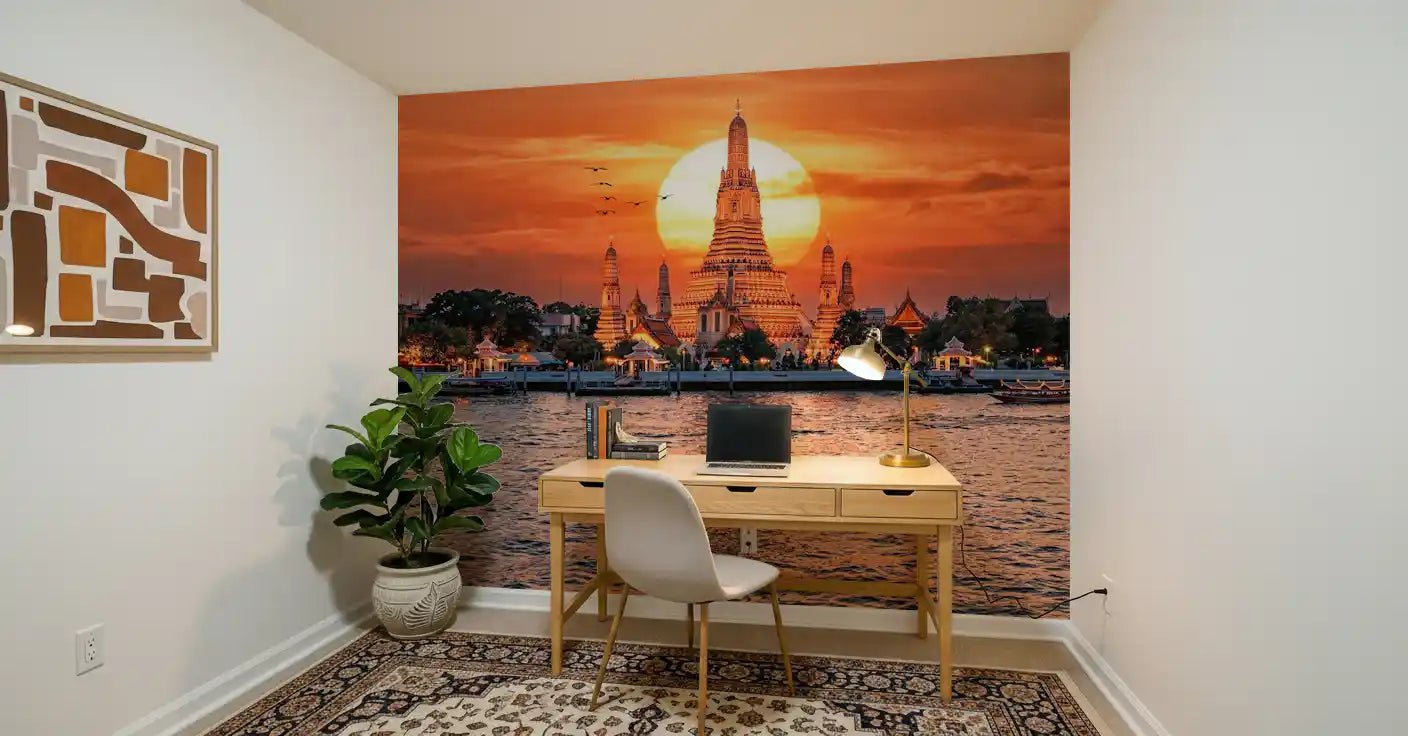 Study desk with temple wall mural and shimmering sunset water scene