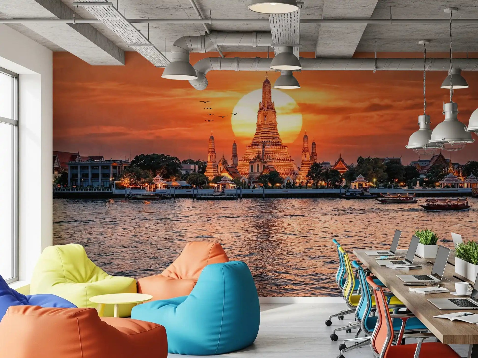 Office area with temple sunset wall mural and river reflections