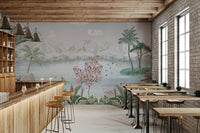 A peaceful wall mural with a tranquil water garden scene.

